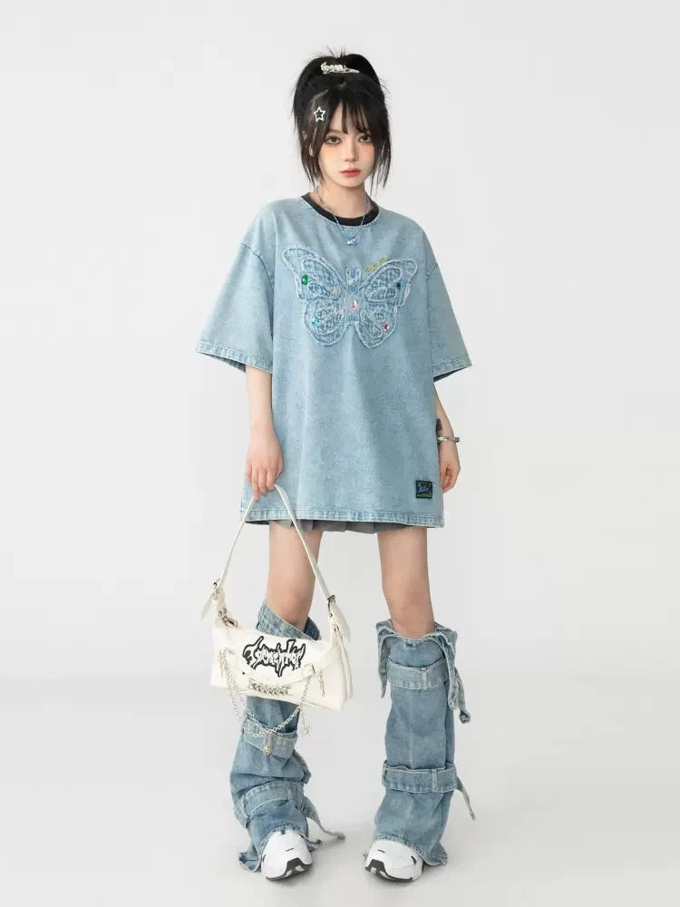 Acubi Blue Denim Leg Warmers for Y2K Aesthetic Outfits and Grunge Style Looks