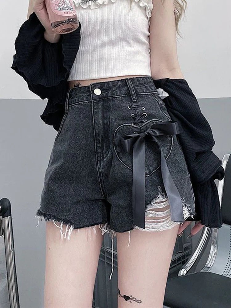 Acubi Denim Bow Shorts - Y2K Aesthetic Cute Denim Shorts for Coquette and Grunge Styles