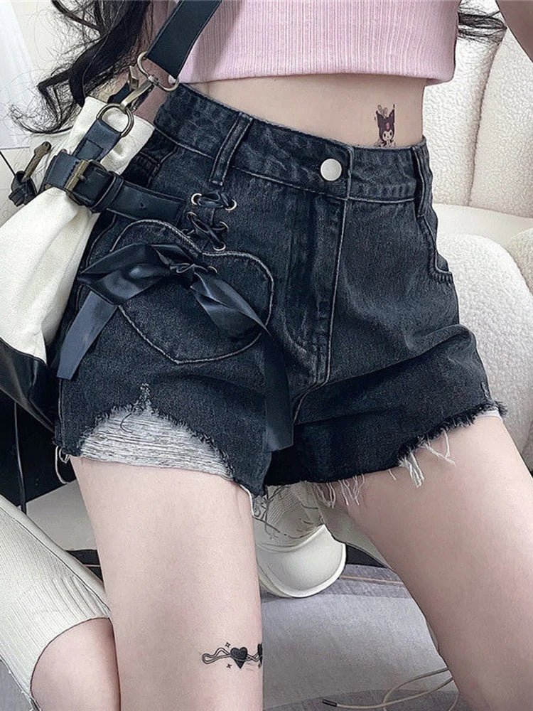 Acubi Denim Bow Shorts - Y2K Aesthetic Cute Denim Shorts for Coquette and Grunge Styles