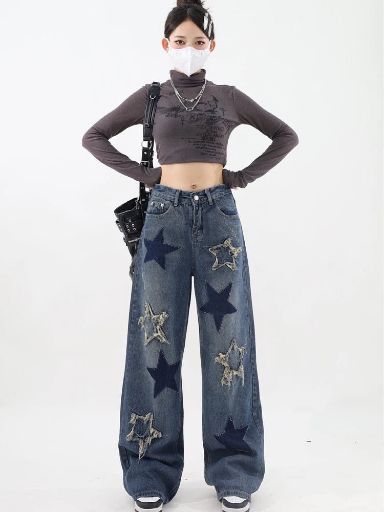 Acubi Y2K Dark Blue Star Jeans for Trendy Grunge Aesthetic Outfits and Casual Looks