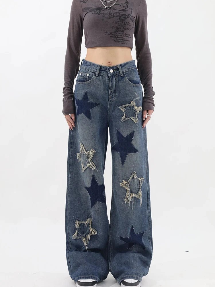 Acubi Y2K Dark Blue Star Jeans for Trendy Grunge Aesthetic Outfits and Casual Looks