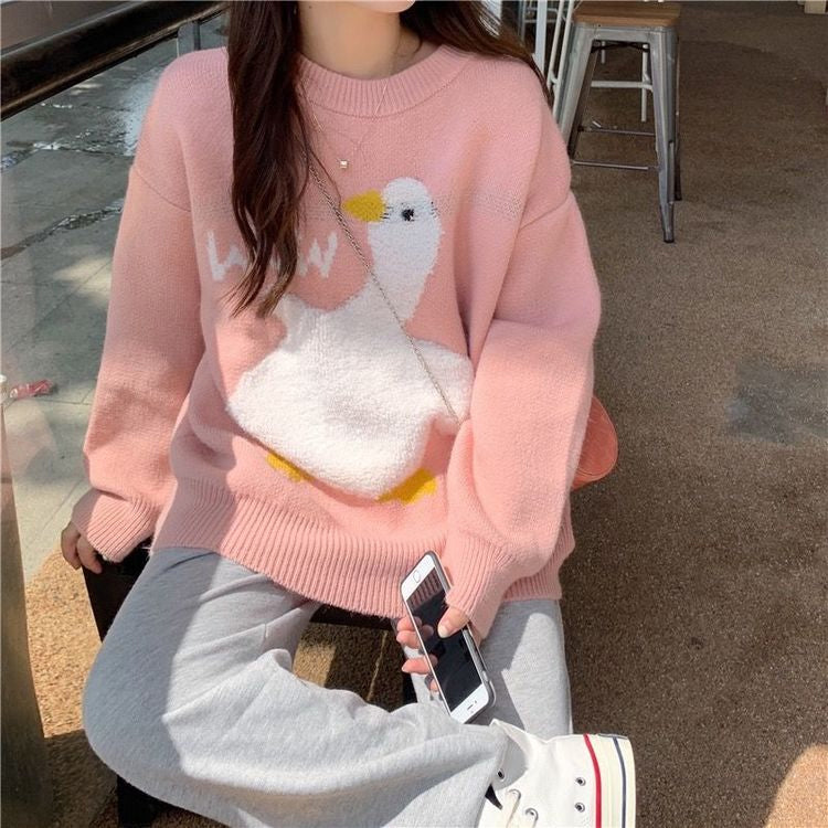 Adorable Duck Print O-Neck Oversized Sweater for Cozy Y2K Aesthetic Outfits