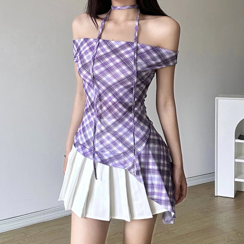 Asymmetric Plaid Halter Top - Y2K Fashion Statement for Coquette and Grunge Aesthetics