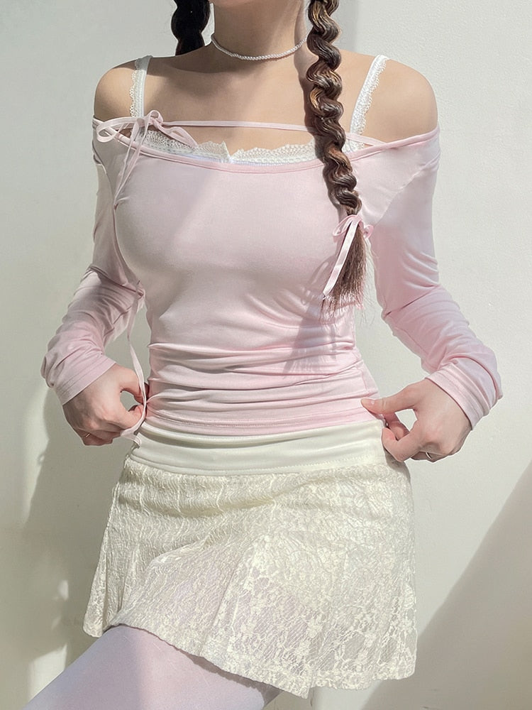 Baby Pink Coquette Long Sleeve Top - Balletcore Y2K Fashion for the Pilates Princess