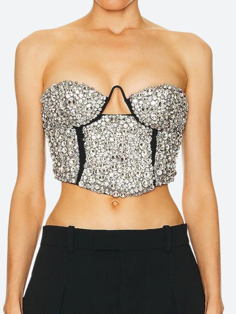 Baddie Rhinestone Bustier Crop Top for Y2K Aesthetic and Grunge Style Outfits