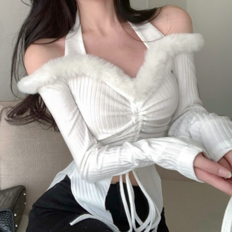 Balletcore Coquette Off Shoulder Drawstring Top with Cozy Fur Lining for Y2K Aesthetic