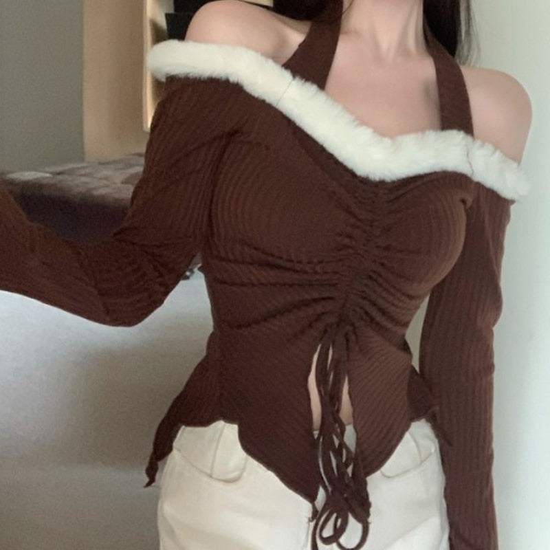 Balletcore Coquette Off Shoulder Drawstring Top with Cozy Fur Lining for Y2K Aesthetic