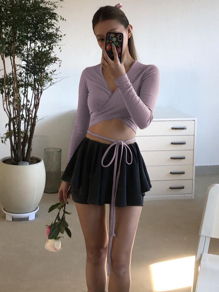 Balletcore Dusty Purple Long Sleeve Wrap Crop Top - Y2K Aesthetic Cute Top for Stylish Outfits