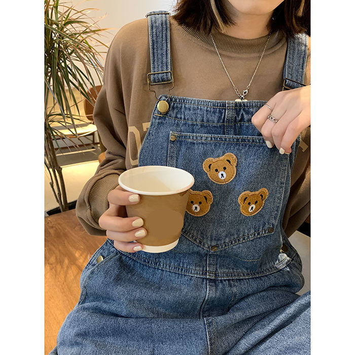 Bear Cartoon Embroidery Y2K Denim Jumpsuit - Retro Aesthetic Outfit for Trendy Looks