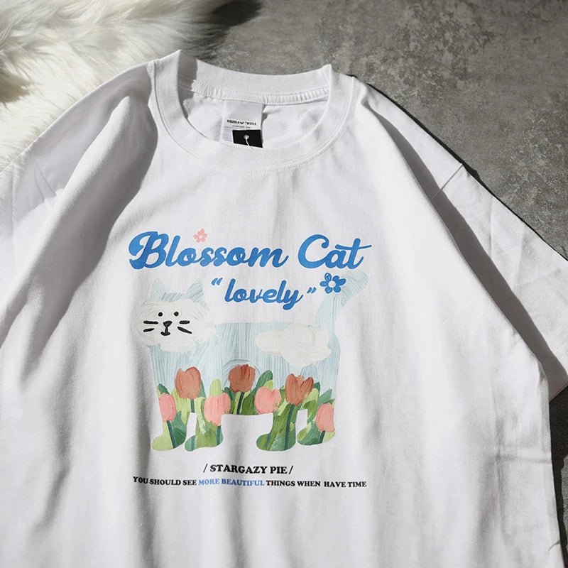 Blossom Cat Tulip Tee - Cute Y2K Aesthetic Top for Coquette and Soft Girl Styles