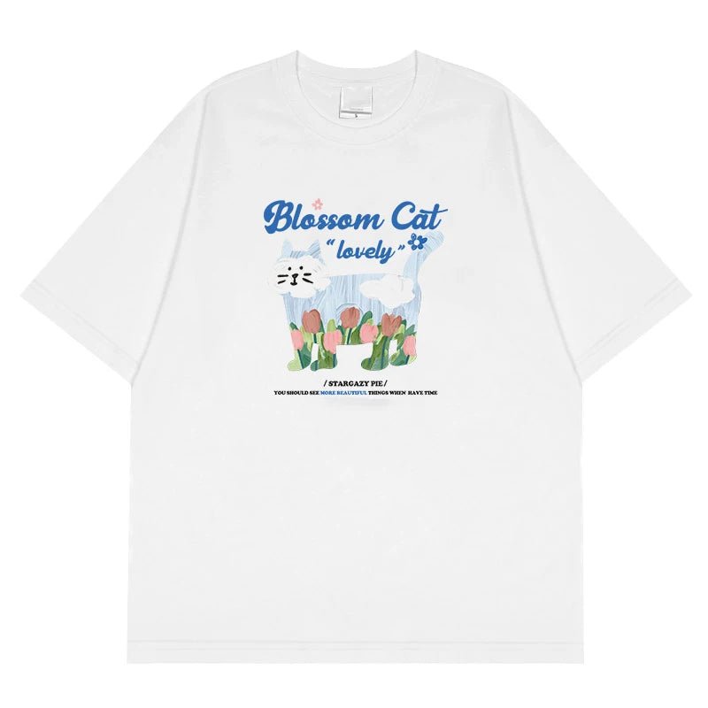 Blossom Cat Tulip Tee - Cute Y2K Aesthetic Top for Coquette and Soft Girl Styles