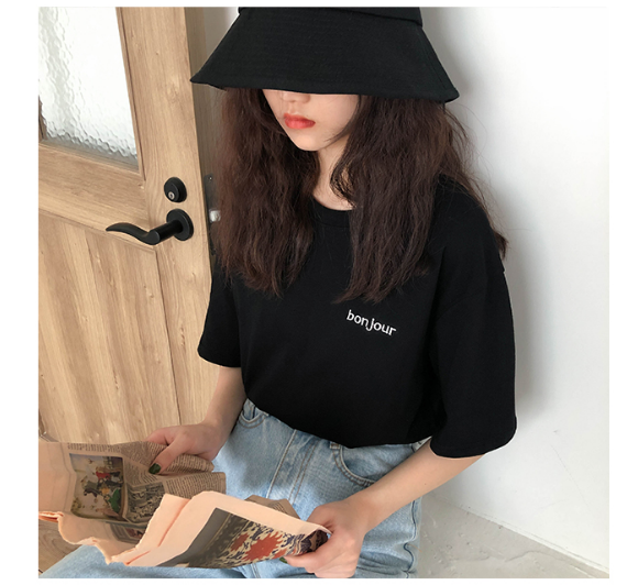 Bonjour Embroidered Pocket Letter Shirt - Y2K Aesthetic Cute Top for Stylish Outfits