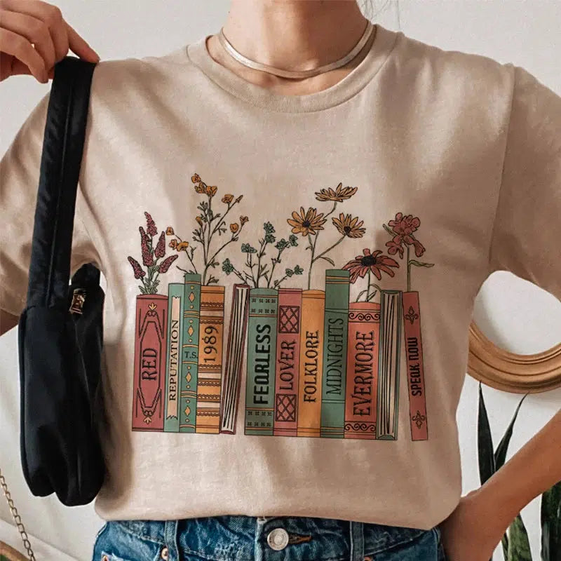 Books & Flowers Y2K Aesthetic Tee - Cute Graphic Top for Coquette and Grunge Styles