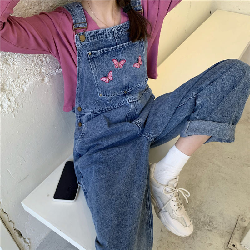 Butterfly Embroidery Y2K Denim Jumpsuit - Vintage Aesthetic Fashion Statement