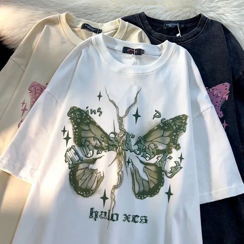 Butterfly Print Y2K Aesthetic Cotton T-Shirt for Cute and Comfy Outfits