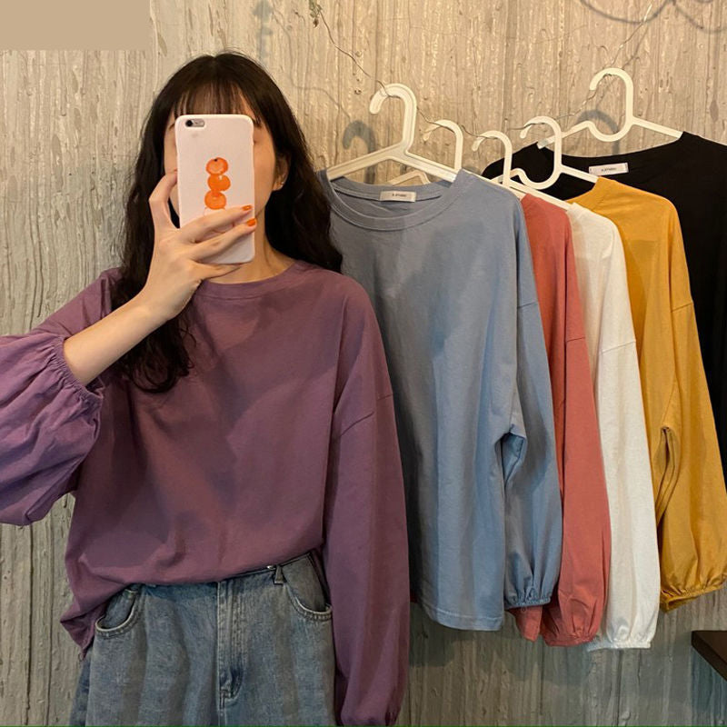 Candy Color Long Lantern Sleeve O-Neck Top - Y2K Aesthetic Cute Fashion Shirt