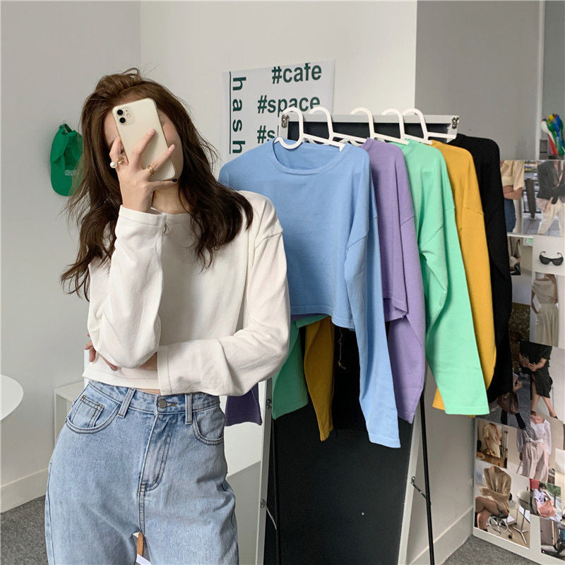 Candy Color Long Sleeve Crop Sweater - Y2K Aesthetic Cute Top for Stylish Outfits