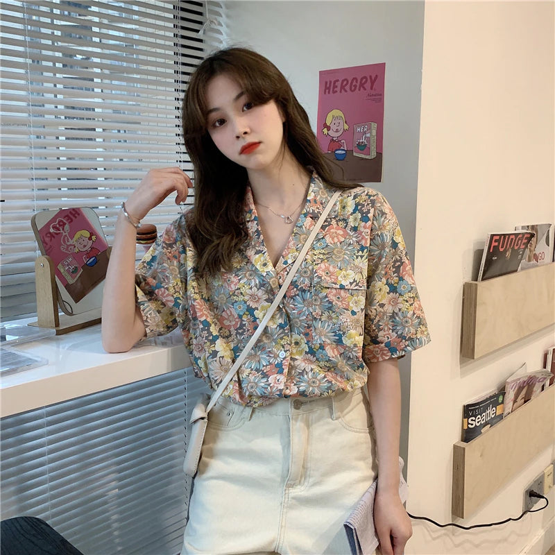 Casual Floral Print Notched Collar Blouse - Y2K Aesthetic Cute Top for Effortless Style