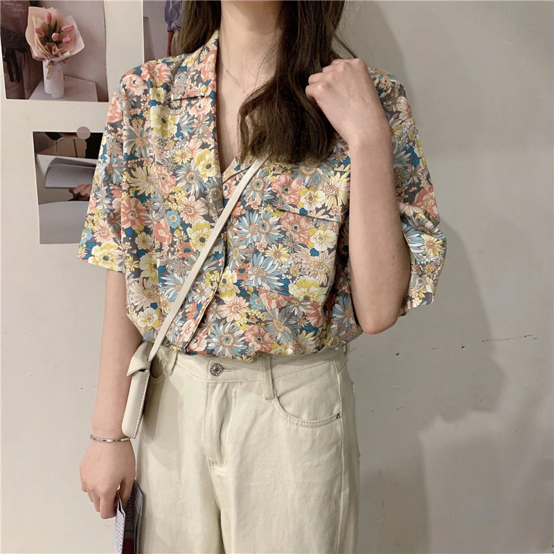 Casual Floral Print Notched Collar Blouse - Y2K Aesthetic Cute Top for Effortless Style