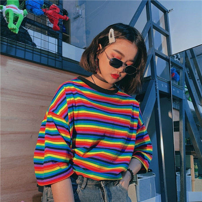 Casual Rainbow Striped Y2K Aesthetic Loose O Neck Top for Trendy Outfits