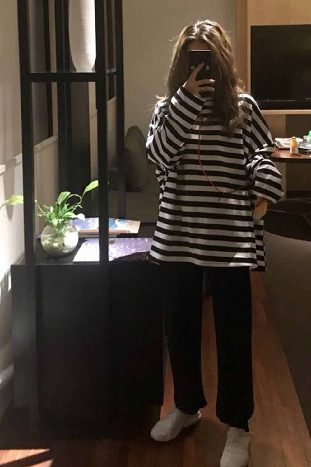 Casual Y2K Black and White Striped Oversized Shirt for Trendy Aesthetic Outfits