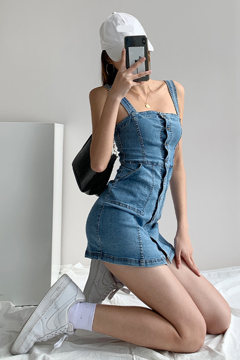 Casual Y2K Denim Mini Dress for a Chic Grunge Aesthetic Look