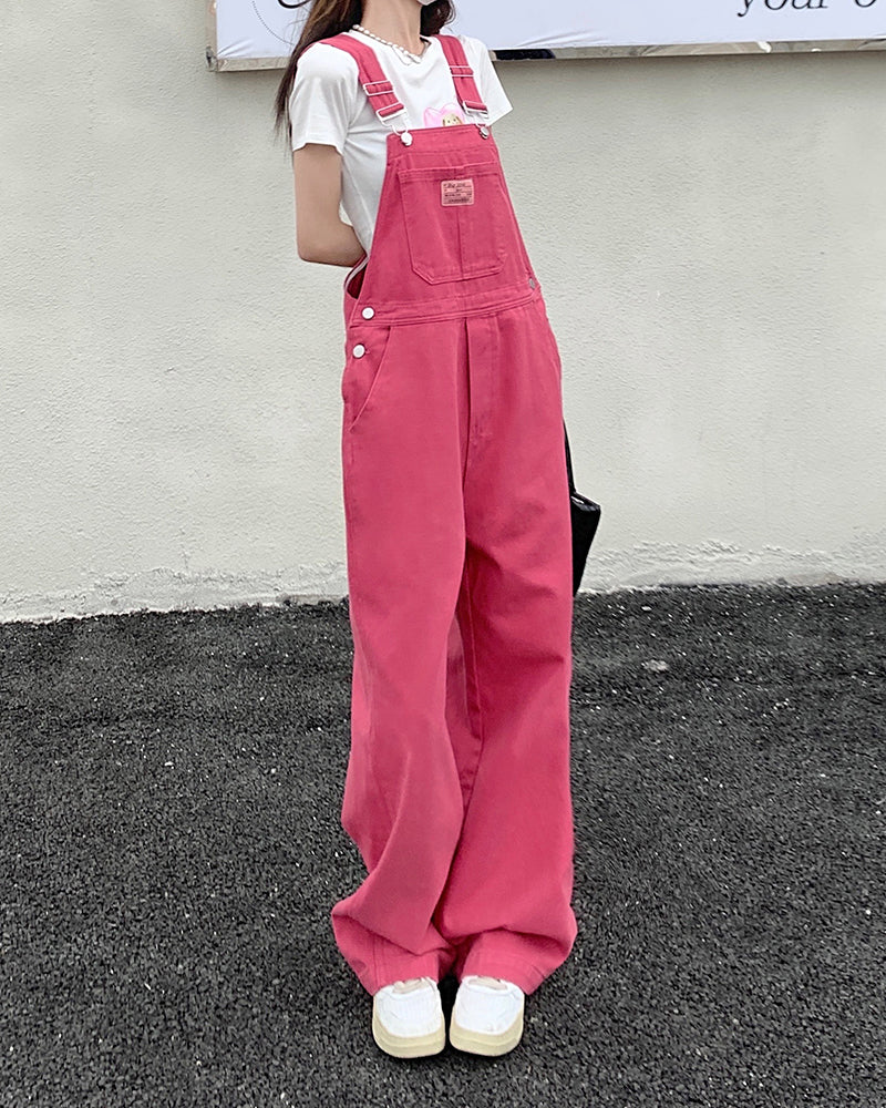 Casual Y2K Pink Denim Jumpsuit for Trendy Coquette and Grunge Aesthetic Outfits