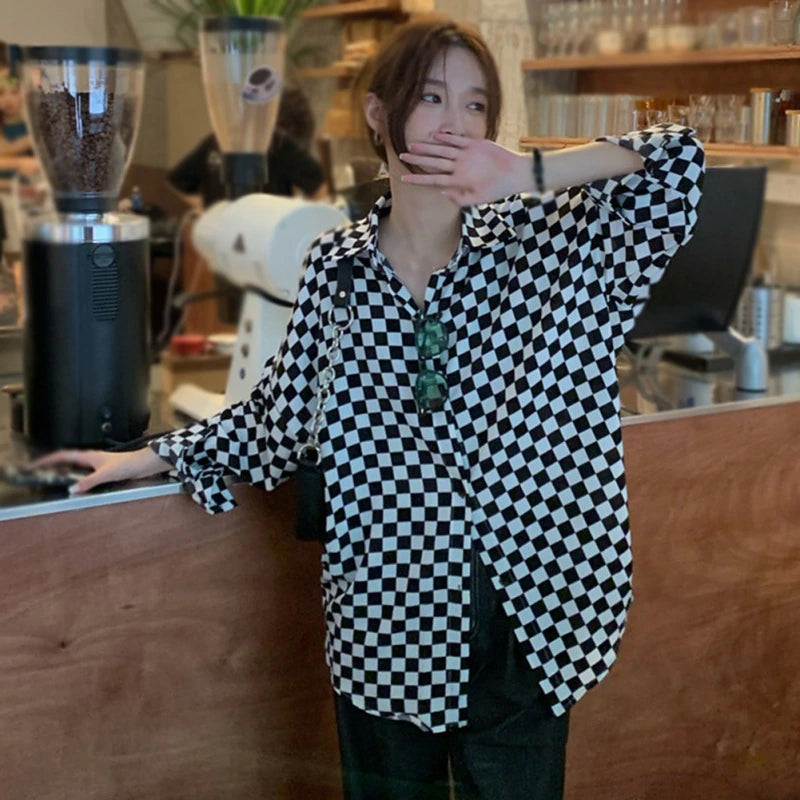 Checkered Pattern Long Sleeve Blouse - Y2K Aesthetic Cute Top for Stylish Outfits