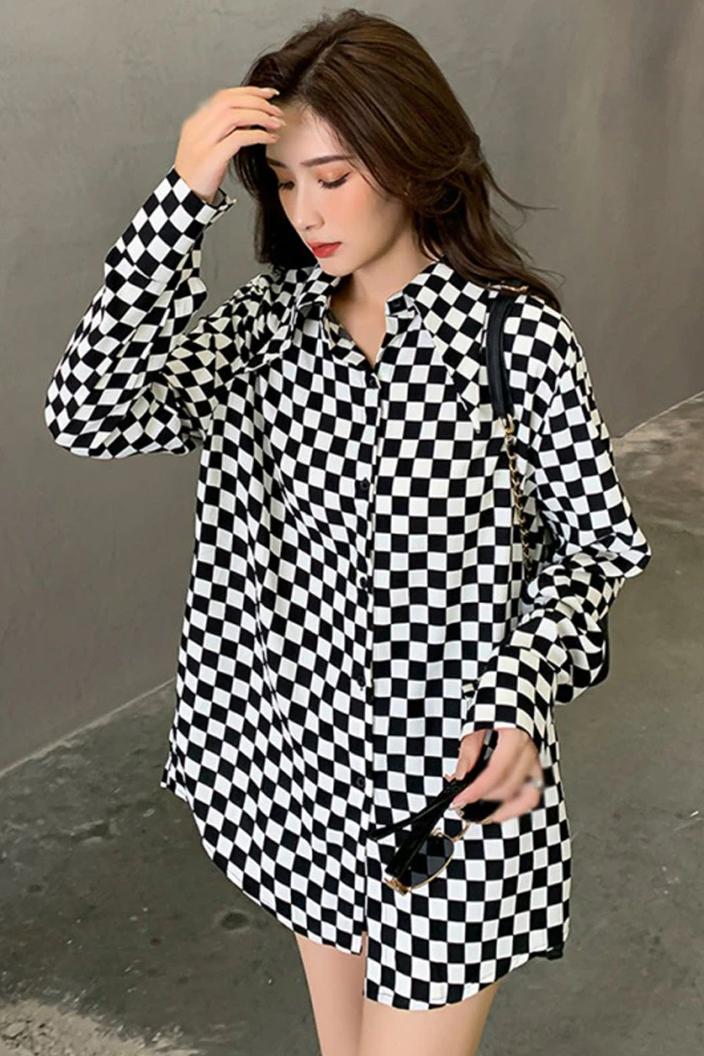 Checkered Pattern Long Sleeve Blouse - Y2K Aesthetic Cute Top for Stylish Outfits