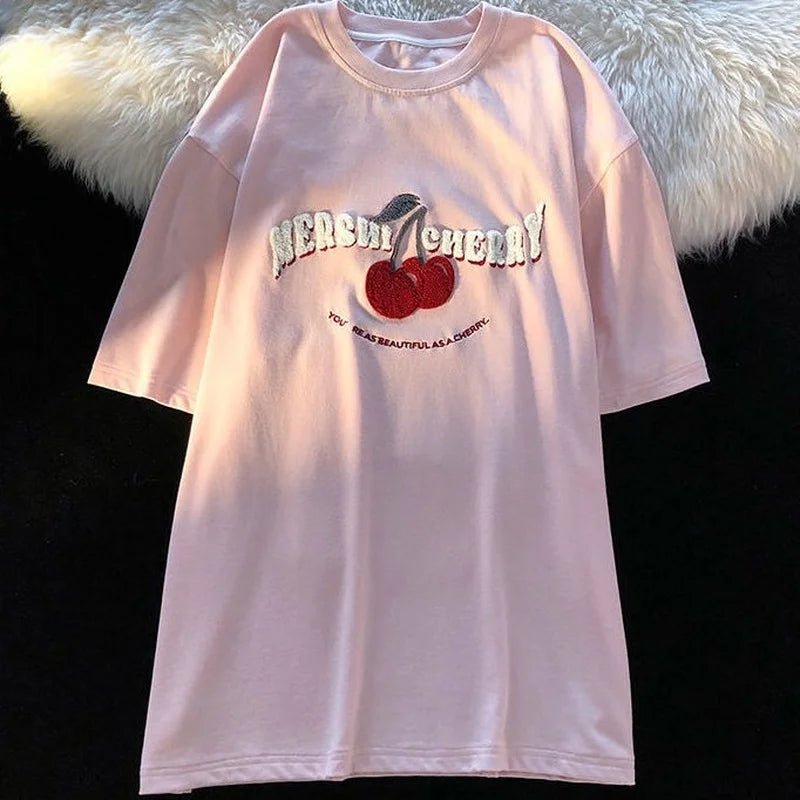 Cherry Embroidery Y2K Aesthetic Pink Crop Top for Cute and Comfy Outfits