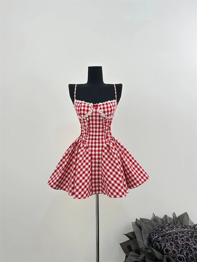 Cherry Gingham Coquette Aesthetic Sweetheart Dress for Y2K Fashion Lovers