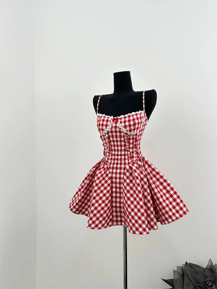 Cherry Gingham Coquette Aesthetic Sweetheart Dress for Y2K Fashion Lovers