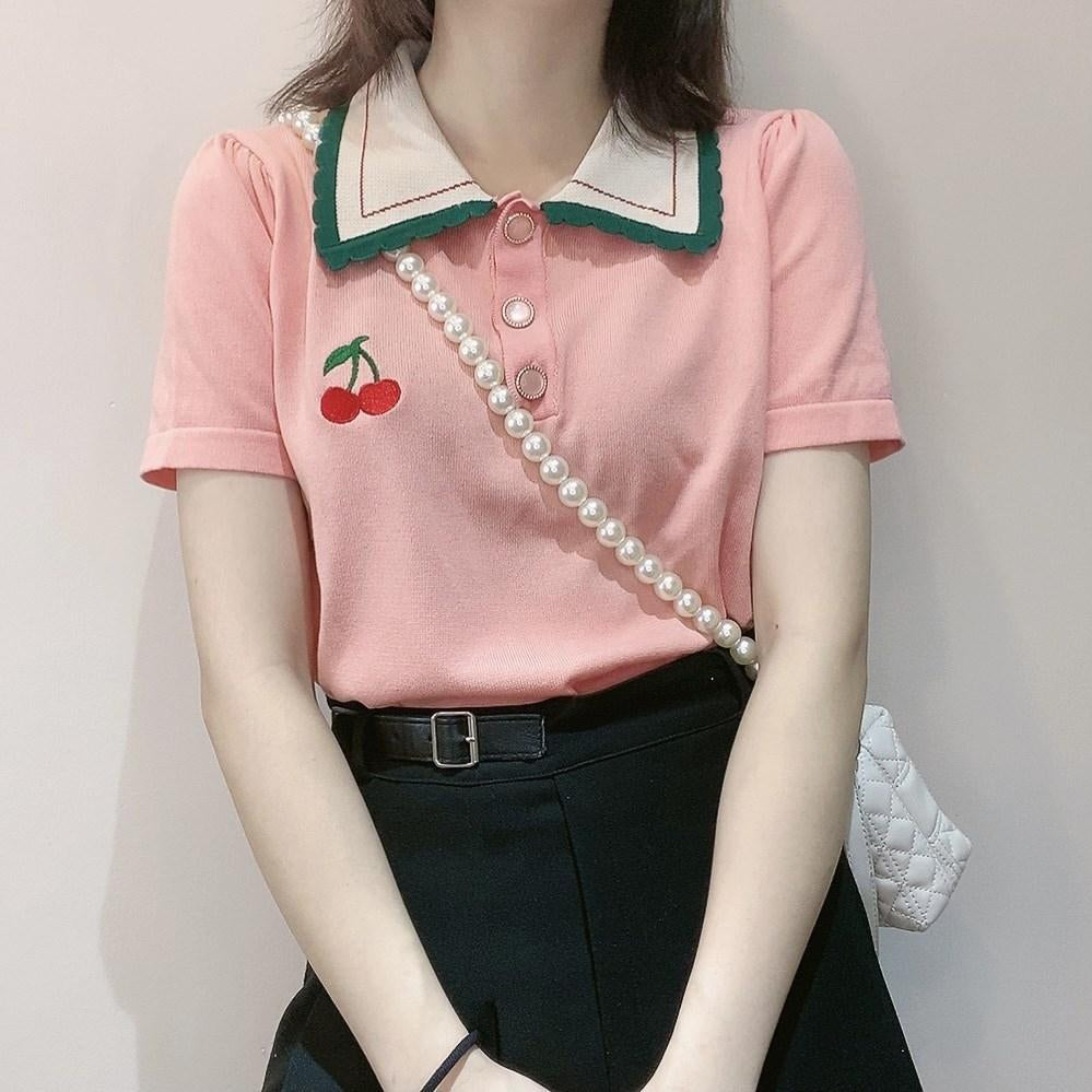 Cherry Pocket Embroidered Y2K Aesthetic Turn Down Collar Shirt for Cute Outfits