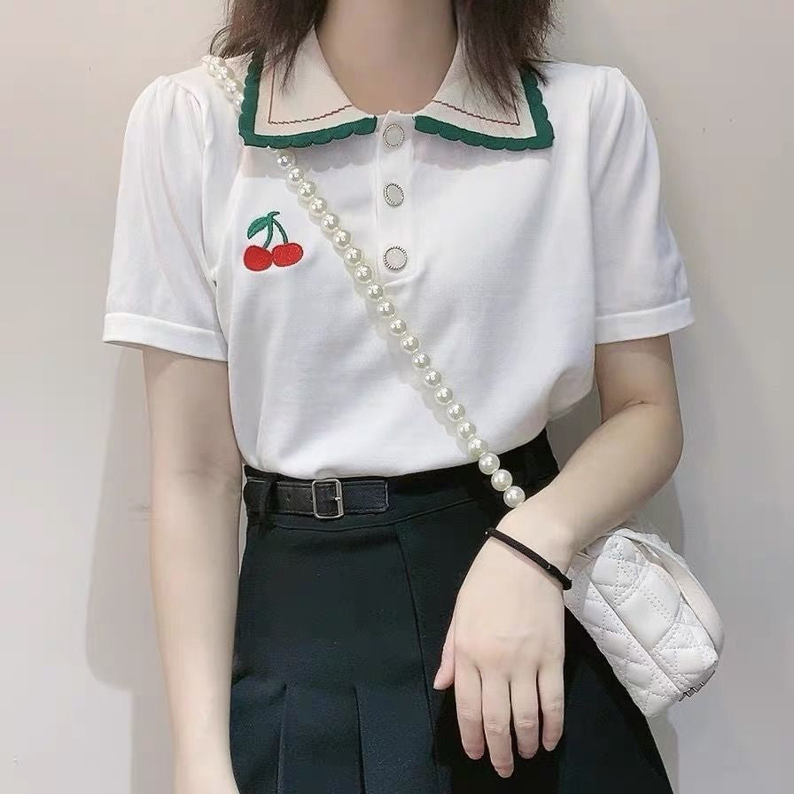 Cherry Pocket Embroidered Y2K Aesthetic Turn Down Collar Shirt for Cute Outfits