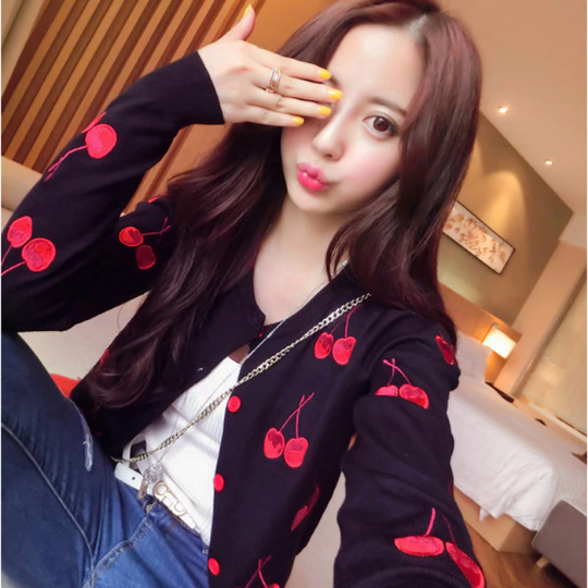 Cherry Print Y2K Aesthetic Sweater Cardigan - Cute Cozy Layer for Stylish Outfits