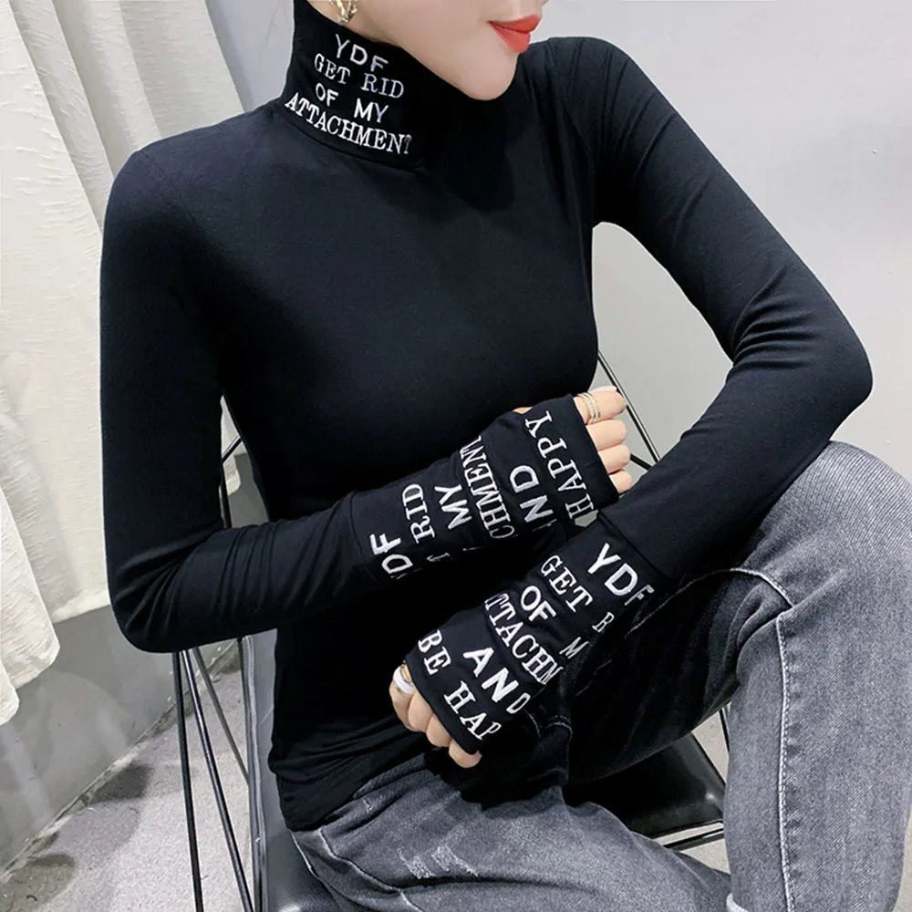 Chic Black and White Text Turtleneck - Y2K Aesthetic Top for Stylish Outfits