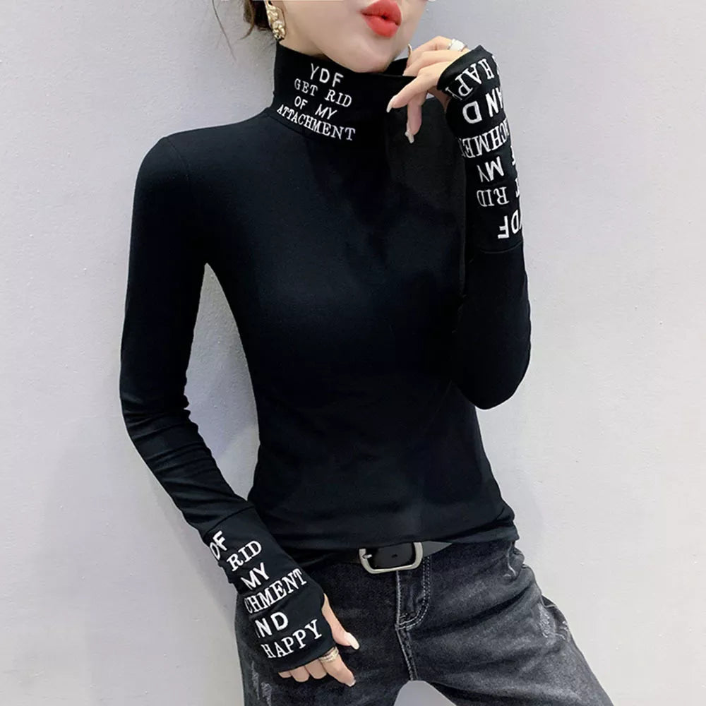 Chic Black and White Text Turtleneck - Y2K Aesthetic Top for Stylish Outfits