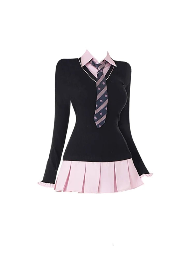 Chic Black Pink Preppy Dress - Y2K Aesthetic with Cute Coquette Style Elements