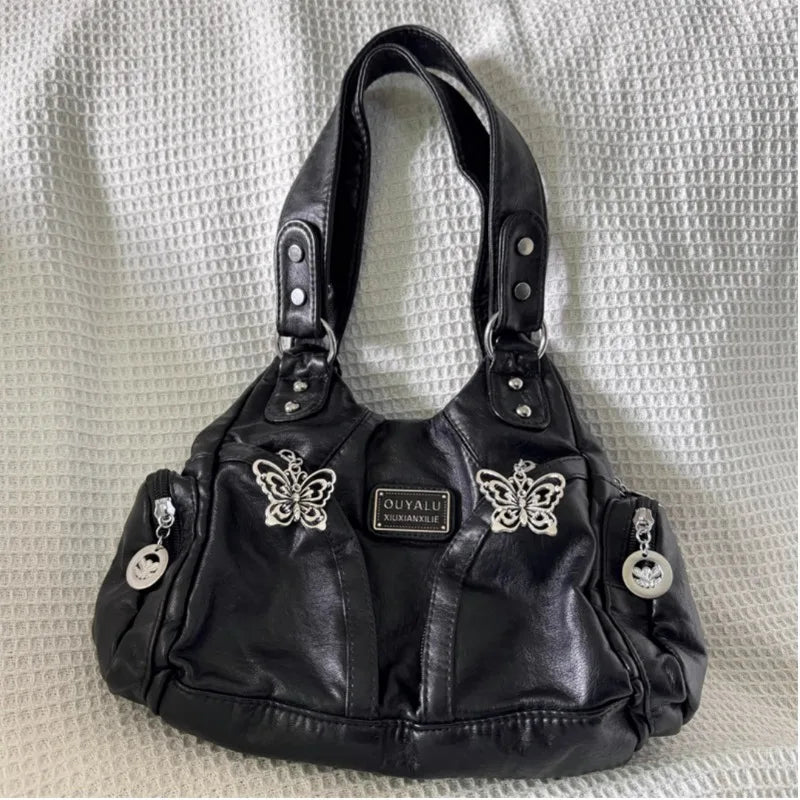 Chic Black Y2K Shoulder Bag for Trendy Coquette and Grunge Aesthetic Outfits