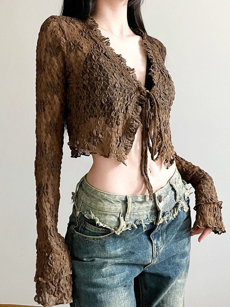 Chic Brown Lace V-Neck Top for Y2K Fashion Lovers - Perfect for Coquette Aesthetic Outfits