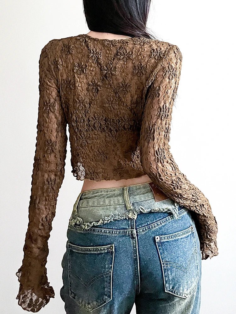 Chic Brown Lace V-Neck Top for Y2K Fashion Lovers - Perfect for Coquette Aesthetic Outfits