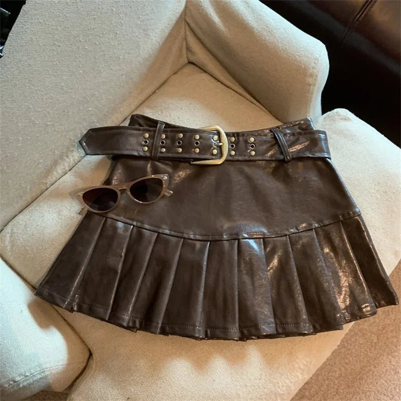 Chic Coffee Leather Pleated Skirt for Y2K Aesthetic and Grunge Style Outfits