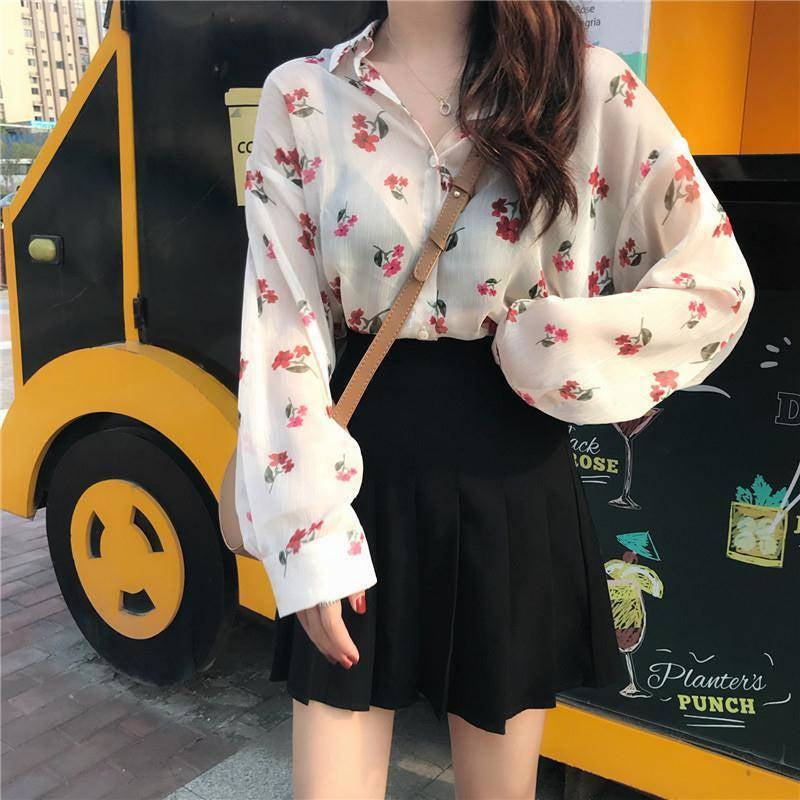 Chic Floral Print Long Sleeve Blouse - Y2K Aesthetic Top for Effortless Style