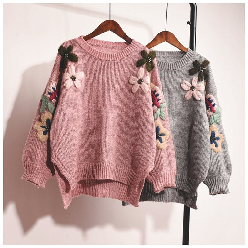 Chic Flower Embroidery Knit Sweater - Y2K Aesthetic Cozy Top for Stylish Outfits