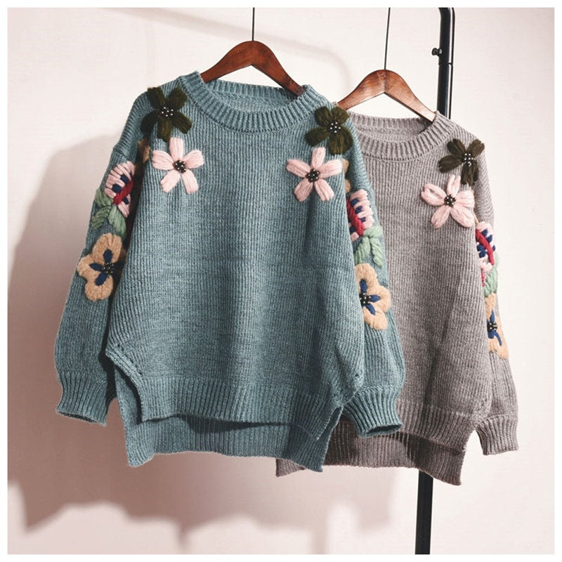 Chic Flower Embroidery Knit Sweater - Y2K Aesthetic Cozy Top for Stylish Outfits