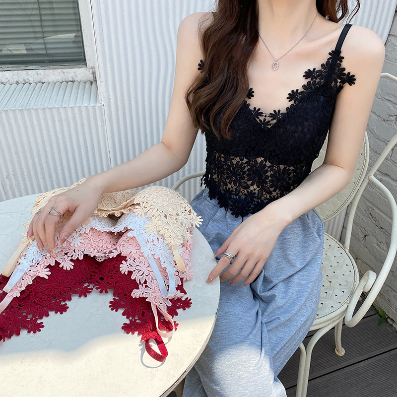 Chic Flower Embroidery Lace Crop Top - Y2K Aesthetic Cute Camisole for Stylish Outfits