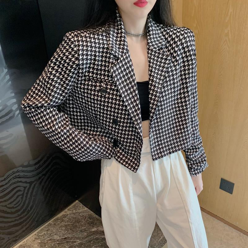 Chic Houndstooth Notched Blazer Jacket for Y2K Fashion and Coquette Aesthetic Styles