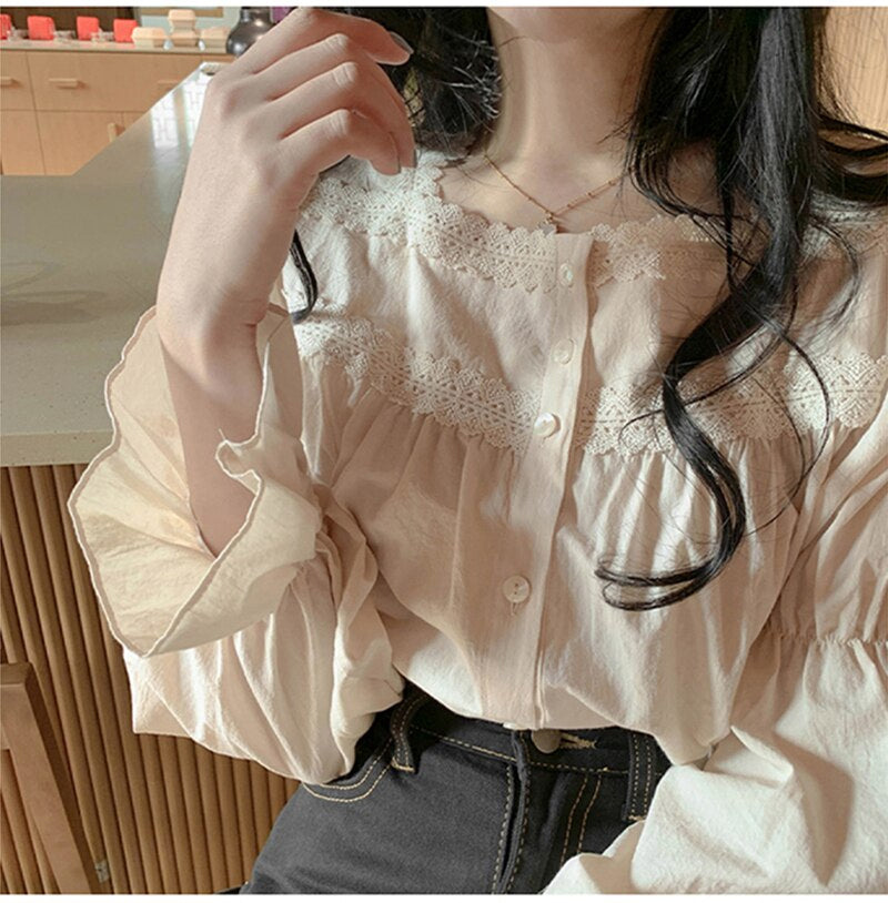 Chic Long Puff Sleeve Square Collar Lace Blouse for Y2K Fashion Aesthetic Outfits