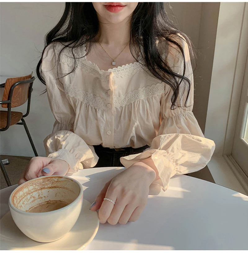 Chic Long Puff Sleeve Square Collar Lace Blouse for Y2K Fashion Aesthetic Outfits