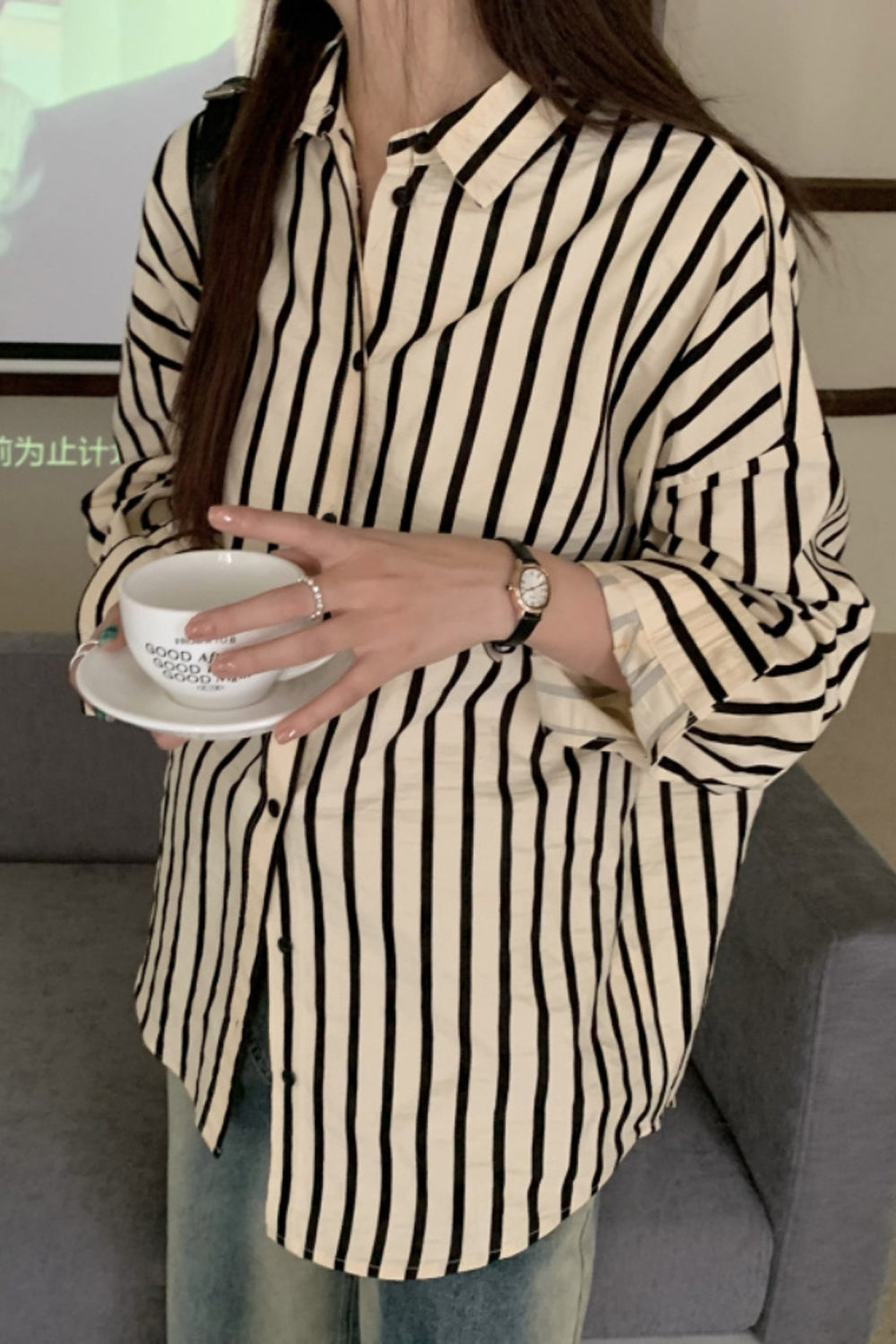 Chic Long Sleeve Black and White Striped Blouse for Y2K Fashion Aesthetic Outfits